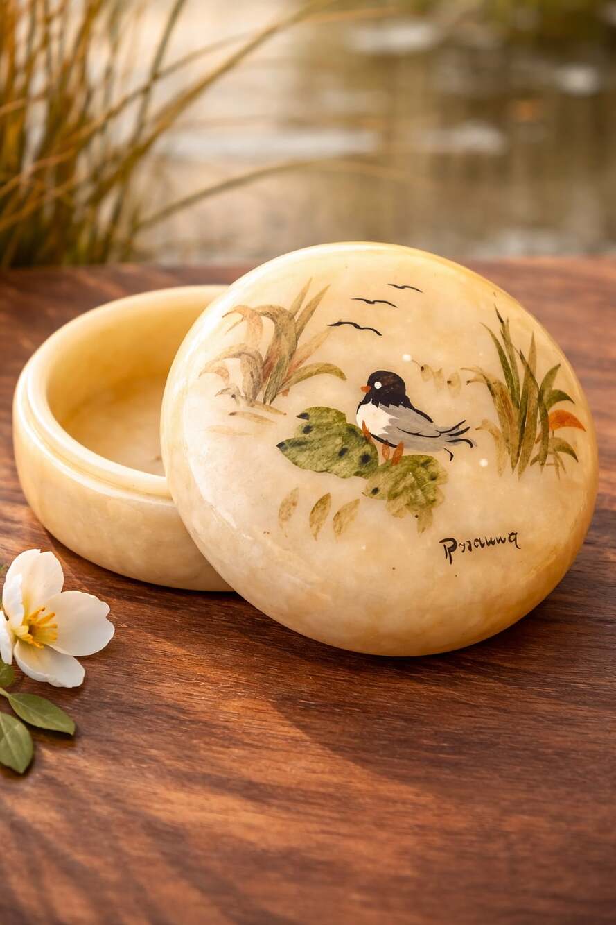 Vintage Genuine Alabaster Round Trinket Box with Hand-Painted Bird Design, Made